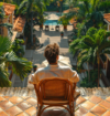 Tourist sitting on a terrace overlooking a tropical resort with palm trees and villas, illustrating tourism-driven real estate growth.