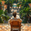 Tourist sitting on a terrace overlooking a tropical resort with palm trees and villas, illustrating tourism-driven real estate growth.