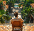 Tourist sitting on a terrace overlooking a tropical resort with palm trees and villas, illustrating tourism-driven real estate growth.