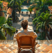 Tourist sitting on a terrace overlooking a tropical resort with palm trees and villas, illustrating tourism-driven real estate growth.