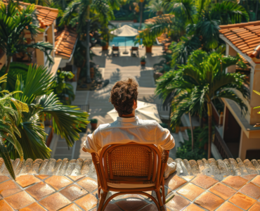 Tourist sitting on a terrace overlooking a tropical resort with palm trees and villas, illustrating tourism-driven real estate growth.