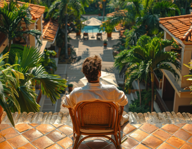 Tourist sitting on a terrace overlooking a tropical resort with palm trees and villas, illustrating tourism-driven real estate growth.