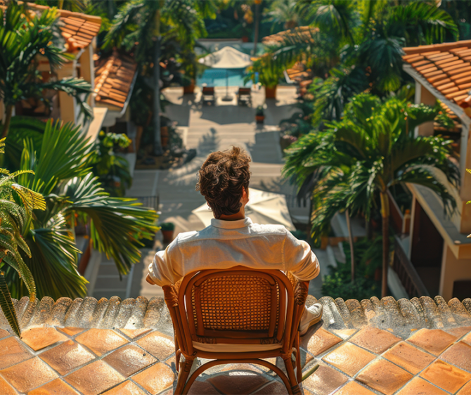Tourist sitting on a terrace overlooking a tropical resort with palm trees and villas, illustrating tourism-driven real estate growth.