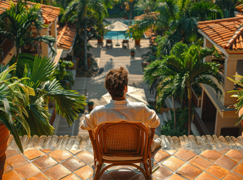 Tourist sitting on a terrace overlooking a tropical resort with palm trees and villas, illustrating tourism-driven real estate growth.