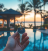 Person holding house keys in front of a tropical villa and pool at sunset, symbolizing property investment in a tourist destination