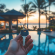 Person holding house keys in front of a tropical villa and pool at sunset, symbolizing property investment in a tourist destination