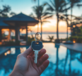 Person holding house keys in front of a tropical villa and pool at sunset, symbolizing property investment in a tourist destination