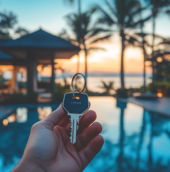 Person holding house keys in front of a tropical villa and pool at sunset, symbolizing property investment in a tourist destination