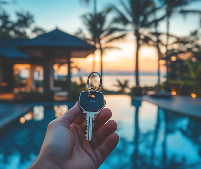 Person holding house keys in front of a tropical villa and pool at sunset, symbolizing property investment in a tourist destination