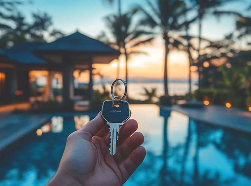 Person holding house keys in front of a tropical villa and pool at sunset, symbolizing property investment in a tourist destination