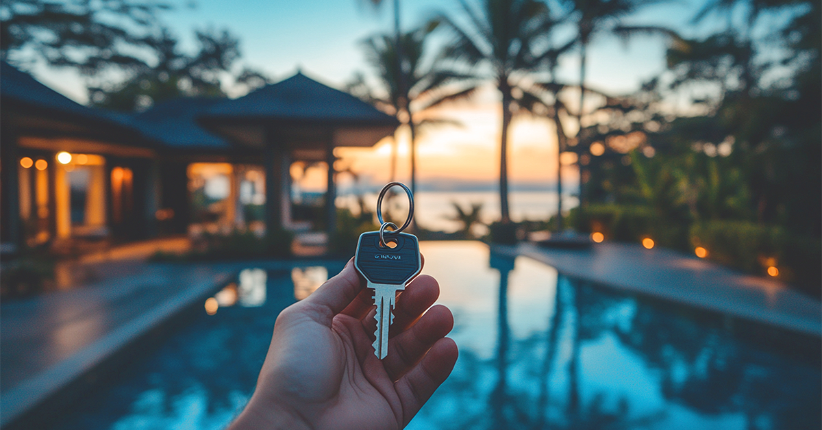 Person holding house keys in front of a tropical villa and pool at sunset, symbolizing property investment in a tourist destination