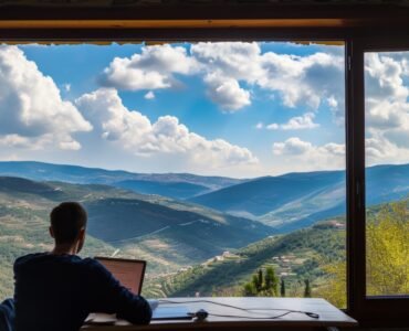A person working remotely on a laptop while enjoying a scenic mountain view, representing Workation destinations in India.