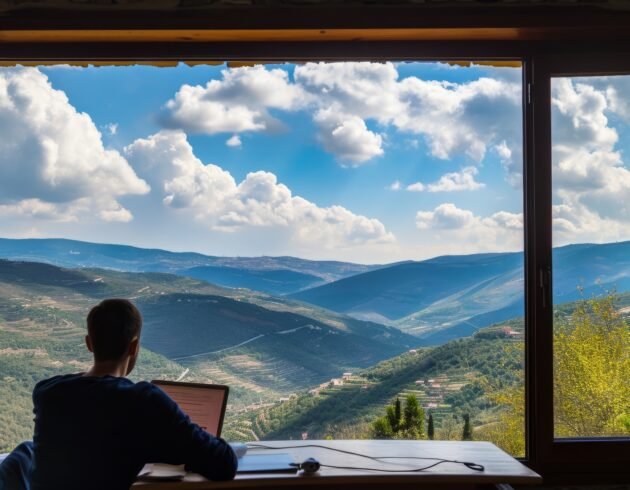 A person working remotely on a laptop while enjoying a scenic mountain view, representing Workation destinations in India.