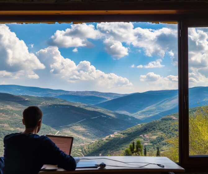 A person working remotely on a laptop while enjoying a scenic mountain view, representing Workation destinations in India.