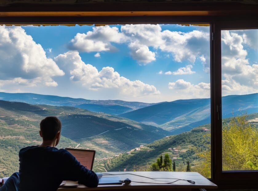 A person working remotely on a laptop while enjoying a scenic mountain view, representing Workation destinations in India.