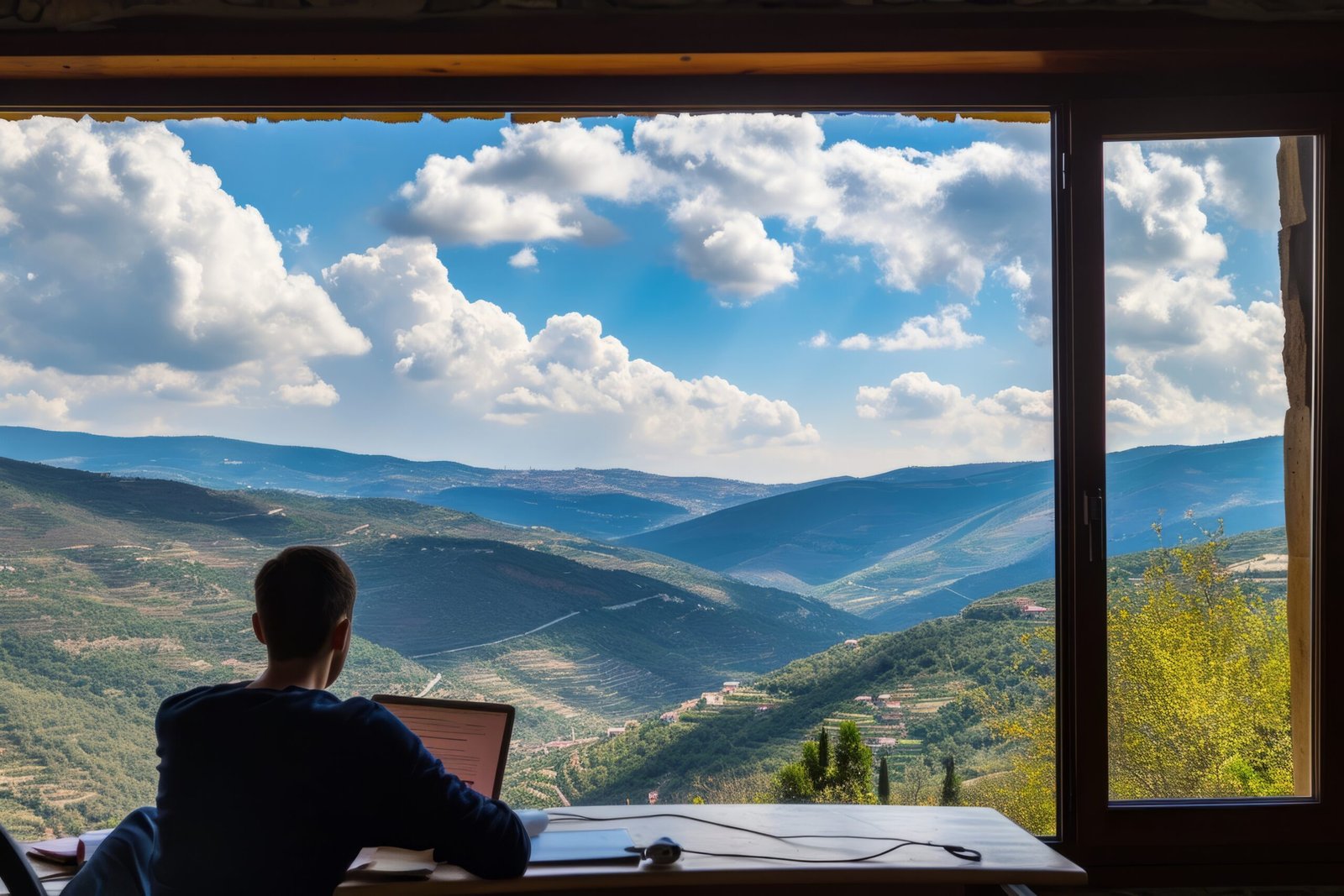 A person working remotely on a laptop while enjoying a scenic mountain view, representing Workation destinations in India.