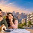 Affordable homes in India featuring a young couple reviewing property plans, with modern residential apartments and high-rise buildings in the background.