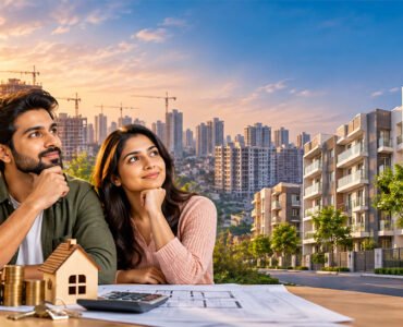 Affordable homes in India featuring a young couple reviewing property plans, with modern residential apartments and high-rise buildings in the background.