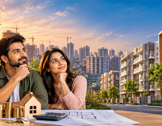 Affordable homes in India featuring a young couple reviewing property plans, with modern residential apartments and high-rise buildings in the background.