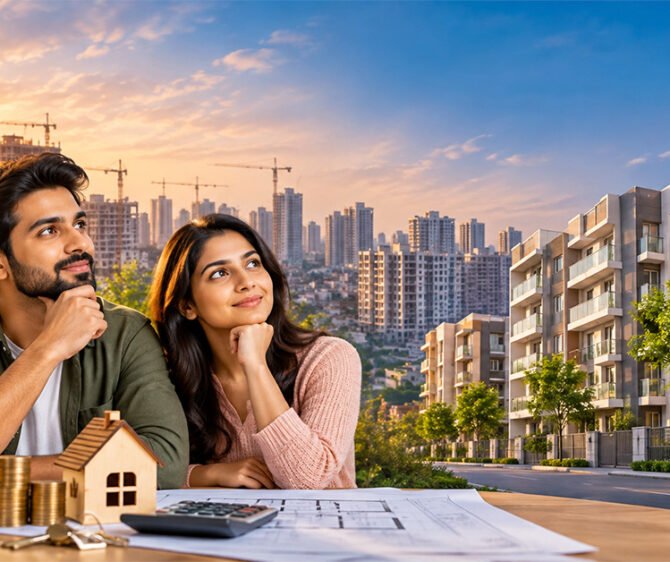 Affordable homes in India featuring a young couple reviewing property plans, with modern residential apartments and high-rise buildings in the background.