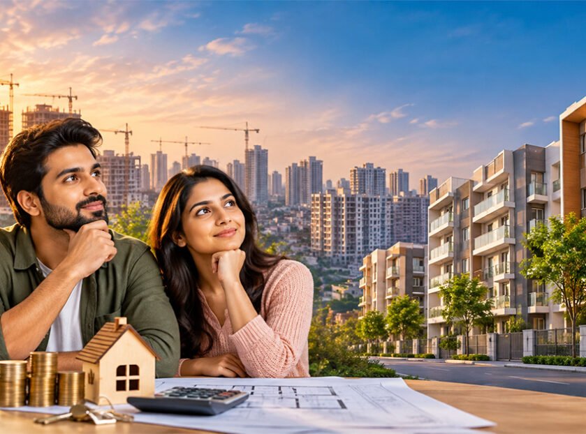 Affordable homes in India featuring a young couple reviewing property plans, with modern residential apartments and high-rise buildings in the background.