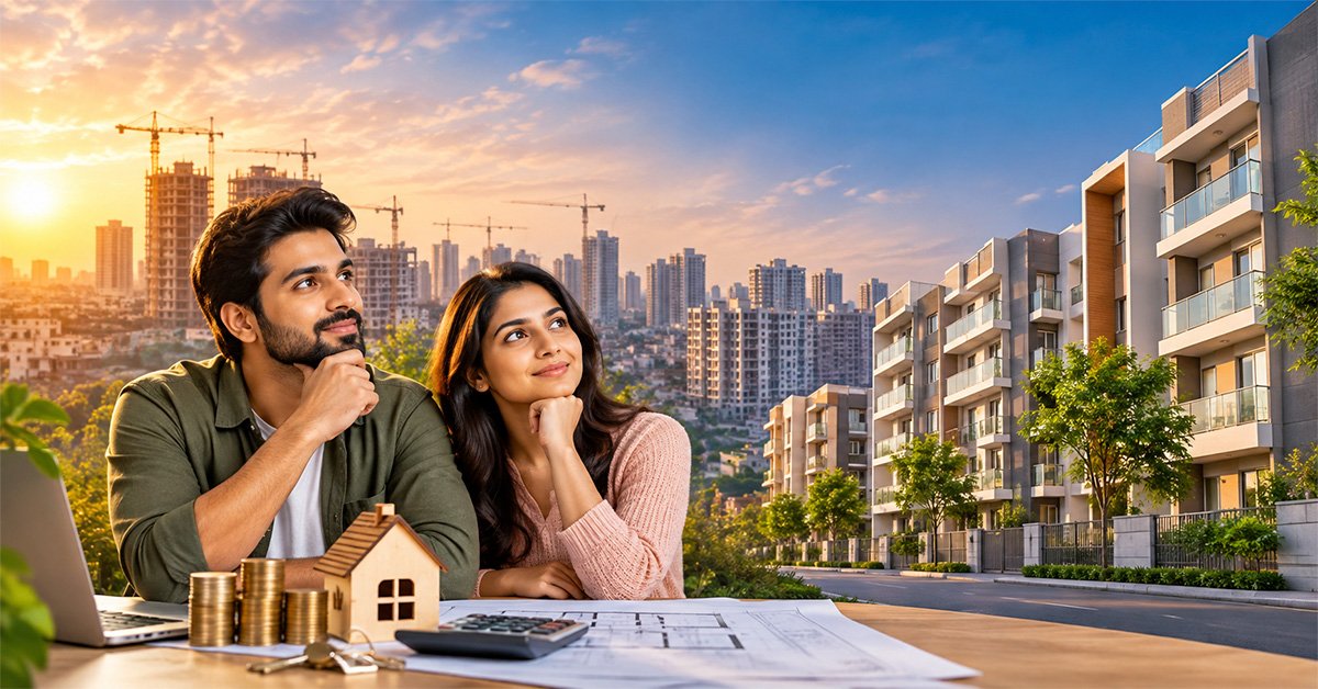 Affordable homes in India featuring a young couple reviewing property plans, with modern residential apartments and high-rise buildings in the background.