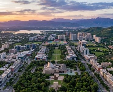 Aerial view of Chandigarh Tricity featuring urban neighborhoods, green spaces, a stadium, lakes, and mountain ranges at sunset.