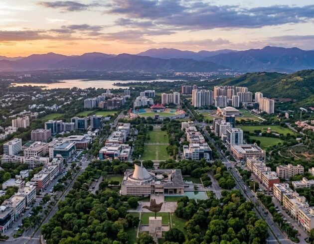 Aerial view of Chandigarh Tricity featuring urban neighborhoods, green spaces, a stadium, lakes, and mountain ranges at sunset.