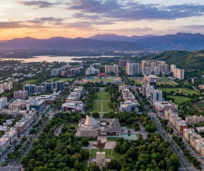 Aerial view of Chandigarh Tricity featuring urban neighborhoods, green spaces, a stadium, lakes, and mountain ranges at sunset.