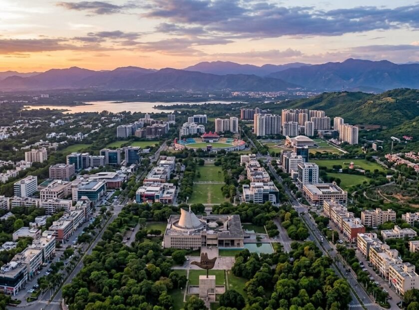 Aerial view of Chandigarh Tricity featuring urban neighborhoods, green spaces, a stadium, lakes, and mountain ranges at sunset.