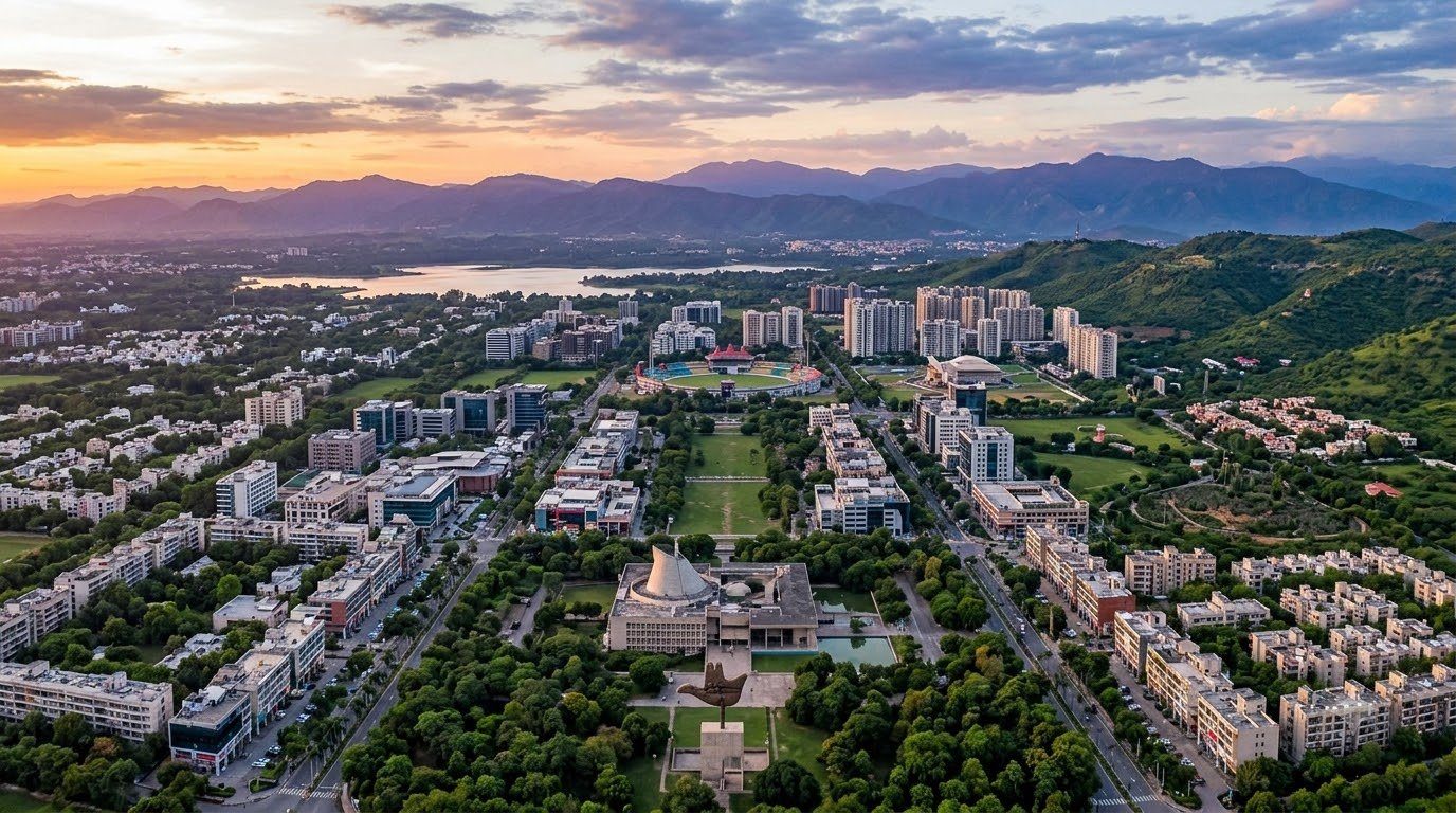 Aerial view of Chandigarh Tricity featuring urban neighborhoods, green spaces, a stadium, lakes, and mountain ranges at sunset.