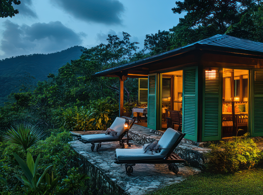 Cozy Coorg homestay surrounded by lush greenery, with mountain views, outdoor lounge chairs, and warm interior lighting.