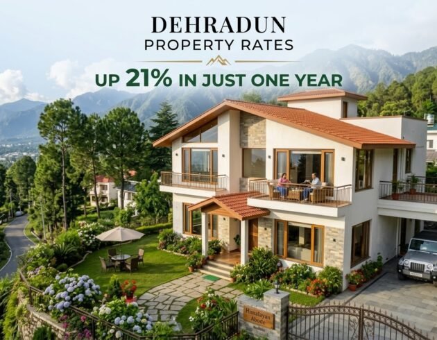 Dehradun property rates rising 21% in one year, featuring a luxury villa with Himalayan mountain views.