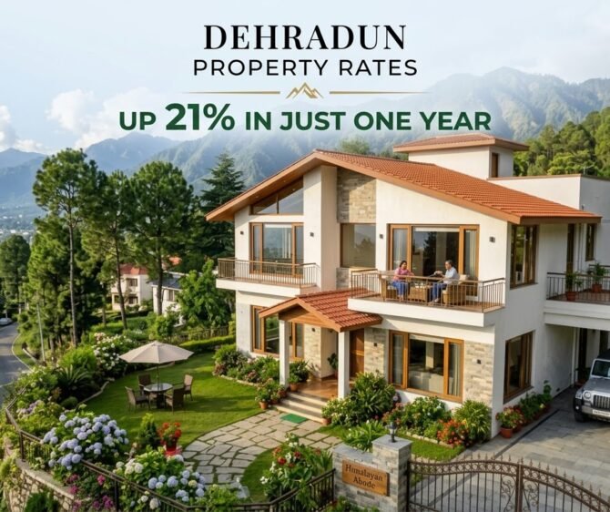 Dehradun property rates rising 21% in one year, featuring a luxury villa with Himalayan mountain views.