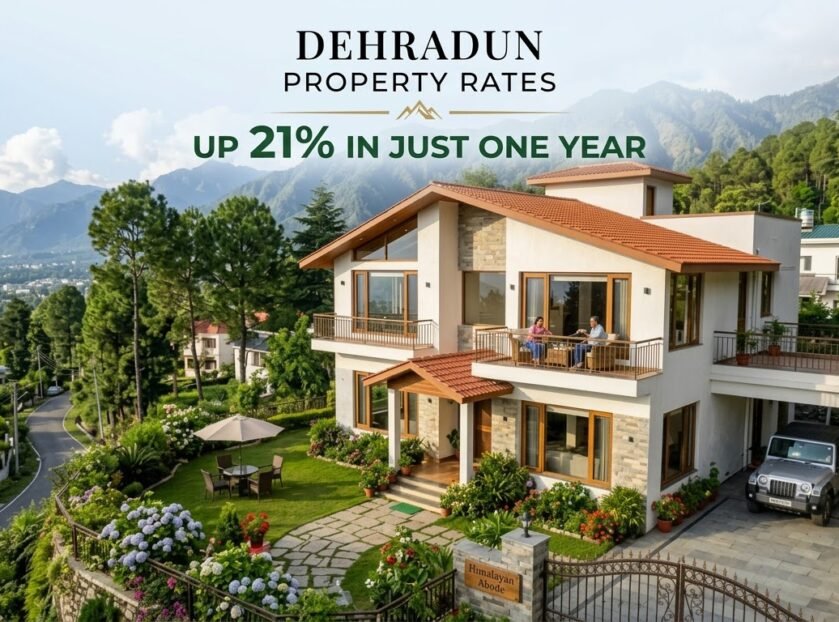 Dehradun property rates rising 21% in one year, featuring a luxury villa with Himalayan mountain views.