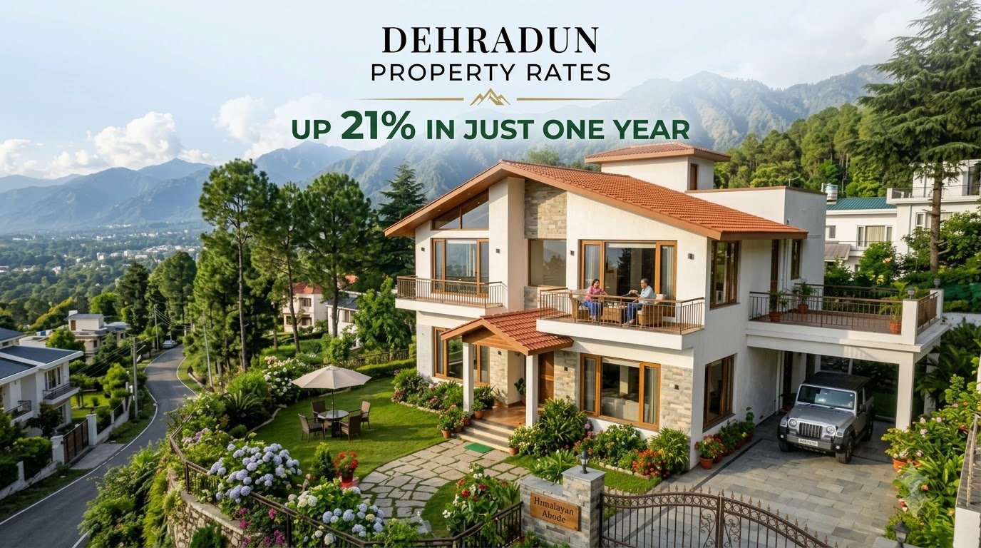 Dehradun property rates rising 21% in one year, featuring a luxury villa with Himalayan mountain views.