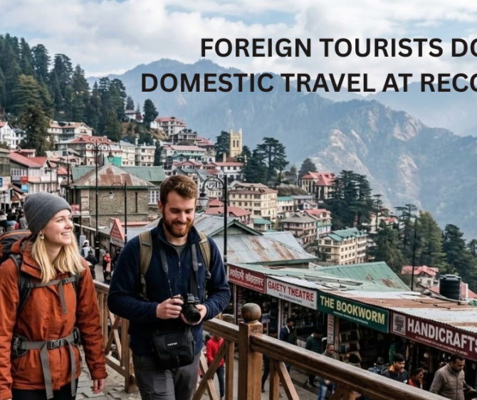 Crowded hill-station street with domestic and foreign tourists, mountain views, and colonial buildings. Text overlay reads, “Foreign Tourists Down, Domestic Travel at Record High.”
