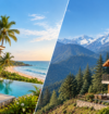 Split image comparing two second-home lifestyles: a luxurious beachfront villa with a pool and palm trees in Goa on the left, and a cozy mountain chalet surrounded by forests and snow-capped Himalayan peaks on the right.