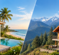 Split image comparing two second-home lifestyles: a luxurious beachfront villa with a pool and palm trees in Goa on the left, and a cozy mountain chalet surrounded by forests and snow-capped Himalayan peaks on the right.