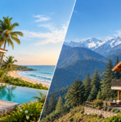 Split image comparing two second-home lifestyles: a luxurious beachfront villa with a pool and palm trees in Goa on the left, and a cozy mountain chalet surrounded by forests and snow-capped Himalayan peaks on the right.