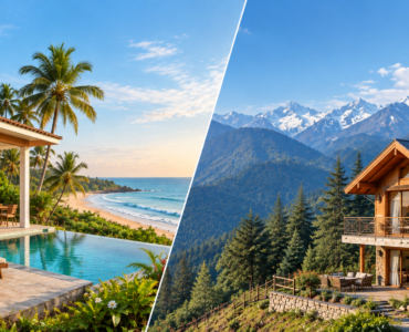 Split image comparing two second-home lifestyles: a luxurious beachfront villa with a pool and palm trees in Goa on the left, and a cozy mountain chalet surrounded by forests and snow-capped Himalayan peaks on the right.