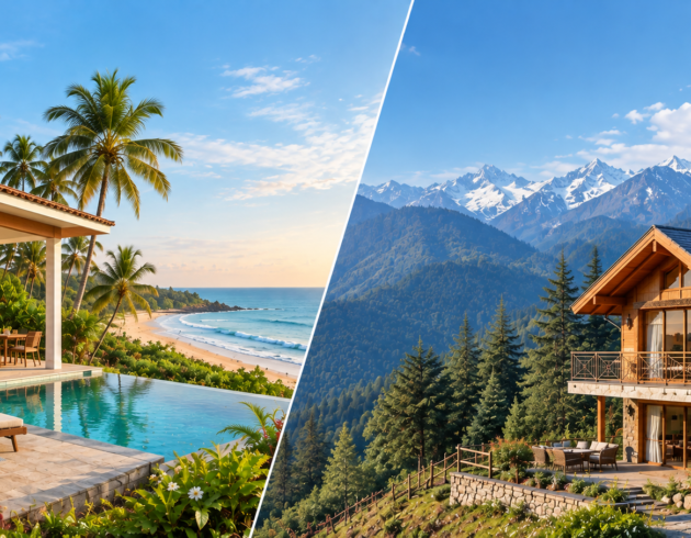 Split image comparing two second-home lifestyles: a luxurious beachfront villa with a pool and palm trees in Goa on the left, and a cozy mountain chalet surrounded by forests and snow-capped Himalayan peaks on the right.