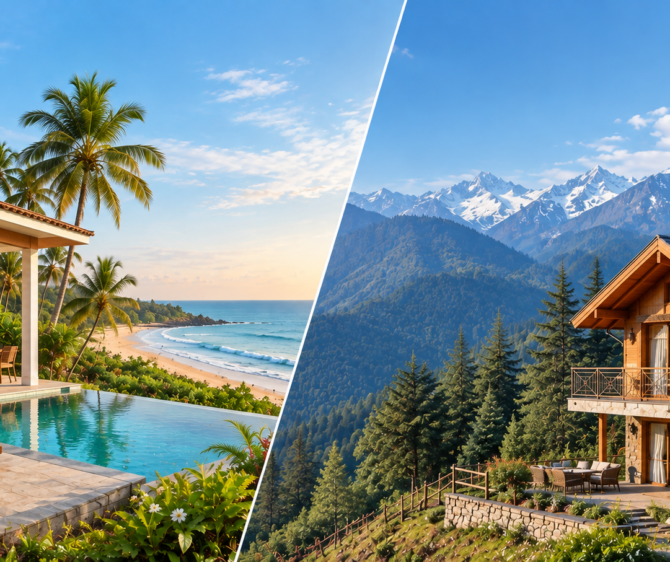 Split image comparing two second-home lifestyles: a luxurious beachfront villa with a pool and palm trees in Goa on the left, and a cozy mountain chalet surrounded by forests and snow-capped Himalayan peaks on the right.