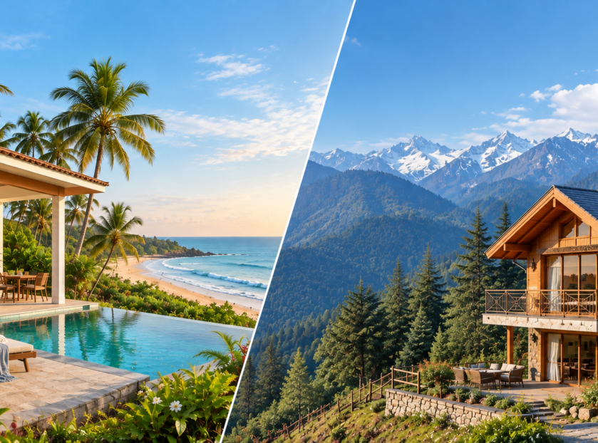 Split image comparing two second-home lifestyles: a luxurious beachfront villa with a pool and palm trees in Goa on the left, and a cozy mountain chalet surrounded by forests and snow-capped Himalayan peaks on the right.