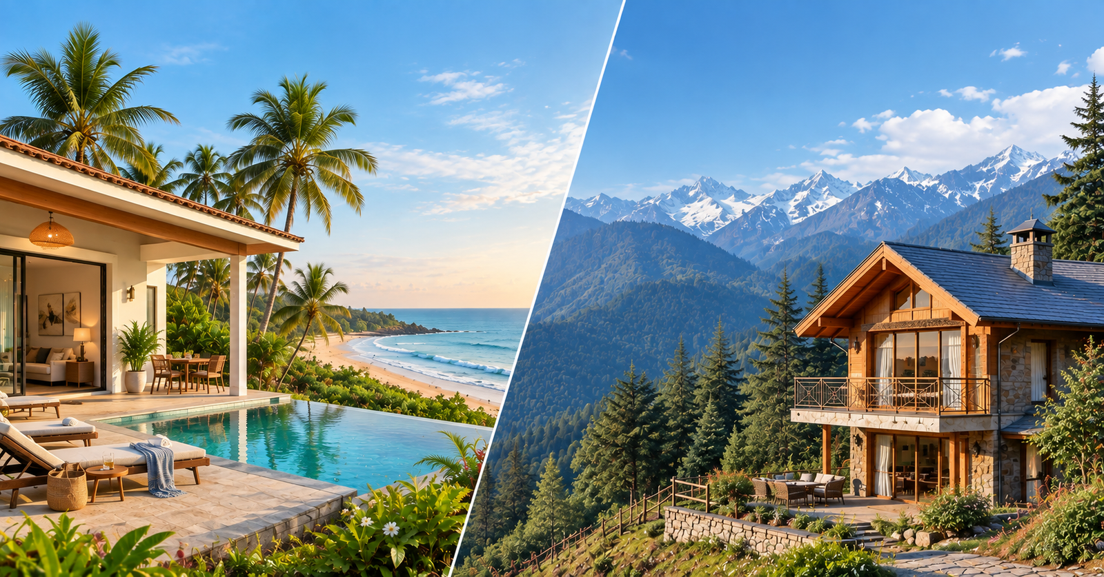 Split image comparing two second-home lifestyles: a luxurious beachfront villa with a pool and palm trees in Goa on the left, and a cozy mountain chalet surrounded by forests and snow-capped Himalayan peaks on the right.