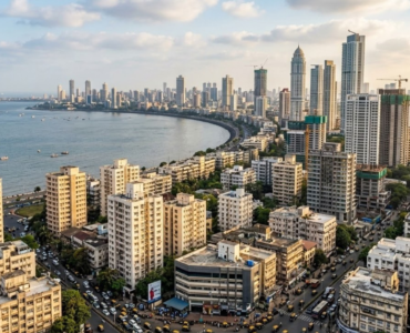 Mumbai city skyline from a high angle, with the Arabian Sea on the left, a curved coastline, and a dense mix of older buildings and tall skyscrapers filling the foreground and right side under a partly cloudy sky.