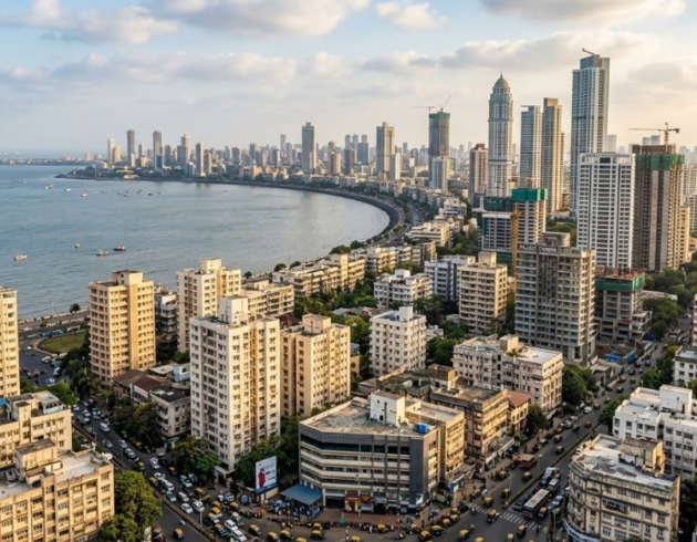 Mumbai city skyline from a high angle, with the Arabian Sea on the left, a curved coastline, and a dense mix of older buildings and tall skyscrapers filling the foreground and right side under a partly cloudy sky.