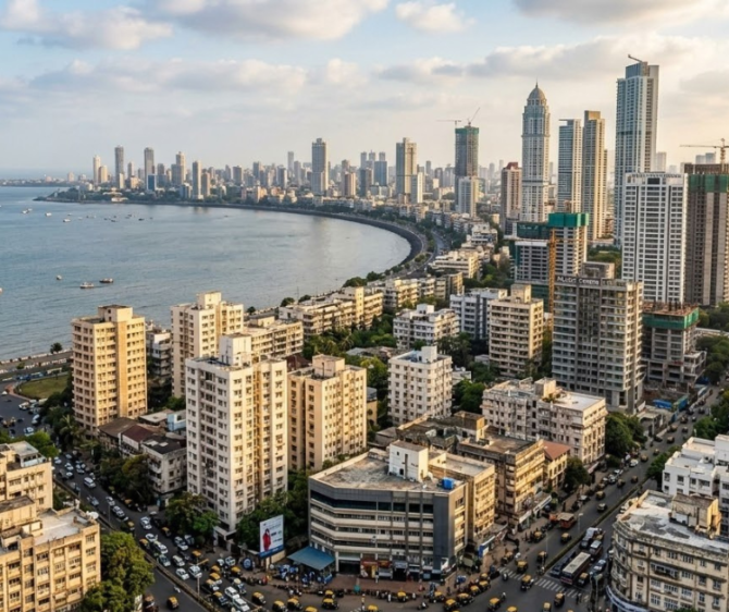 Mumbai city skyline from a high angle, with the Arabian Sea on the left, a curved coastline, and a dense mix of older buildings and tall skyscrapers filling the foreground and right side under a partly cloudy sky.