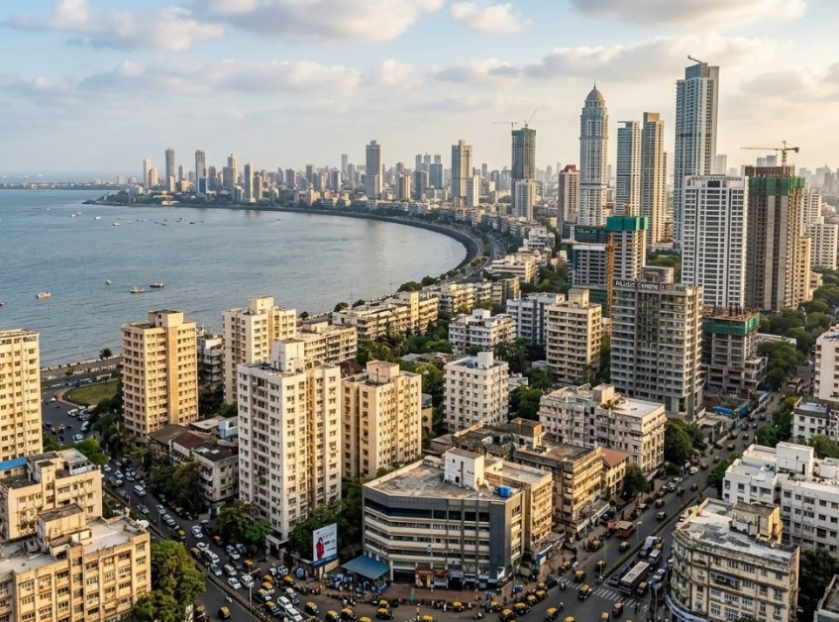 Mumbai city skyline from a high angle, with the Arabian Sea on the left, a curved coastline, and a dense mix of older buildings and tall skyscrapers filling the foreground and right side under a partly cloudy sky.