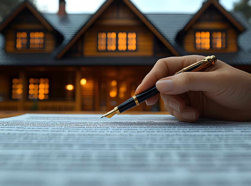 Ooty home stay agreement with a hand signing property documents in front of a cozy house.